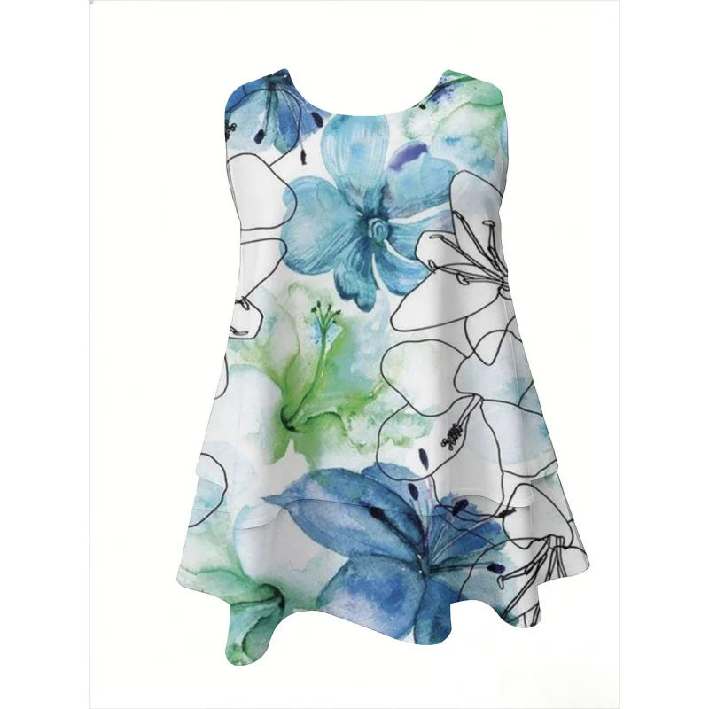 A Sleeveless Vest in Plus Sizes Featuring a Light Blue Watercolor Floral Pattern. Double-Layered Design Gives Appearance