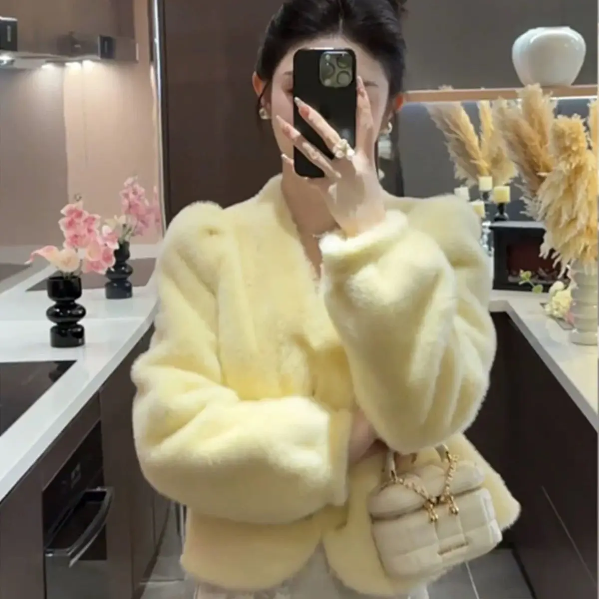 ملابس خارجية شتوية من الفرو من الجلد الكوري Sle ort Thiened V-Ne للنساء مصممة بشكل أنيق وElely