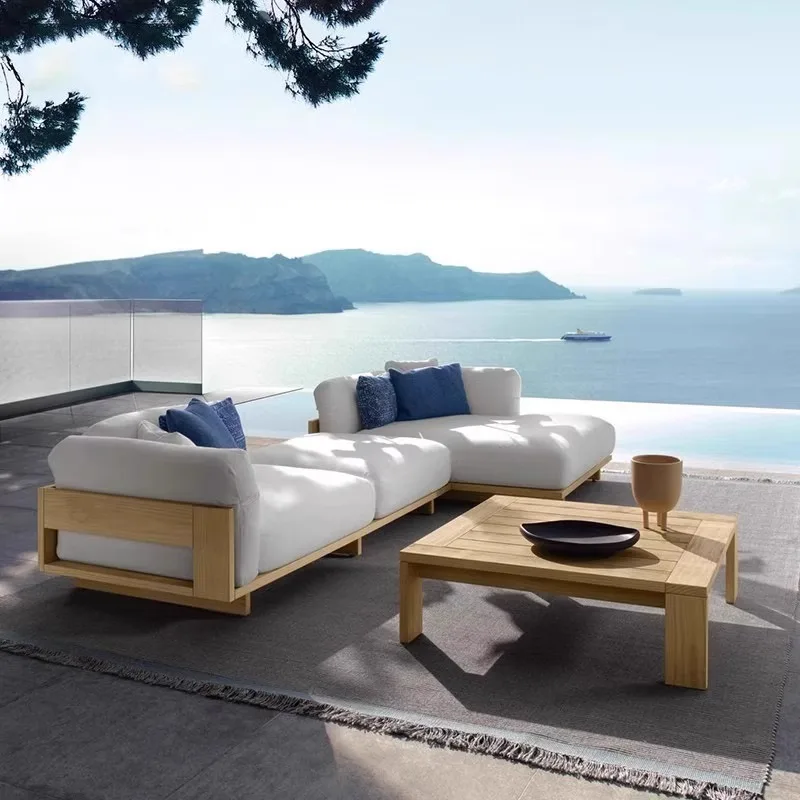 Nordic Outdoor Leisure Sofa Courtyard Villa Terrace Waterproof Sunscreen Antiseptic Teak Hotel Homestay Solid Wood Furniture