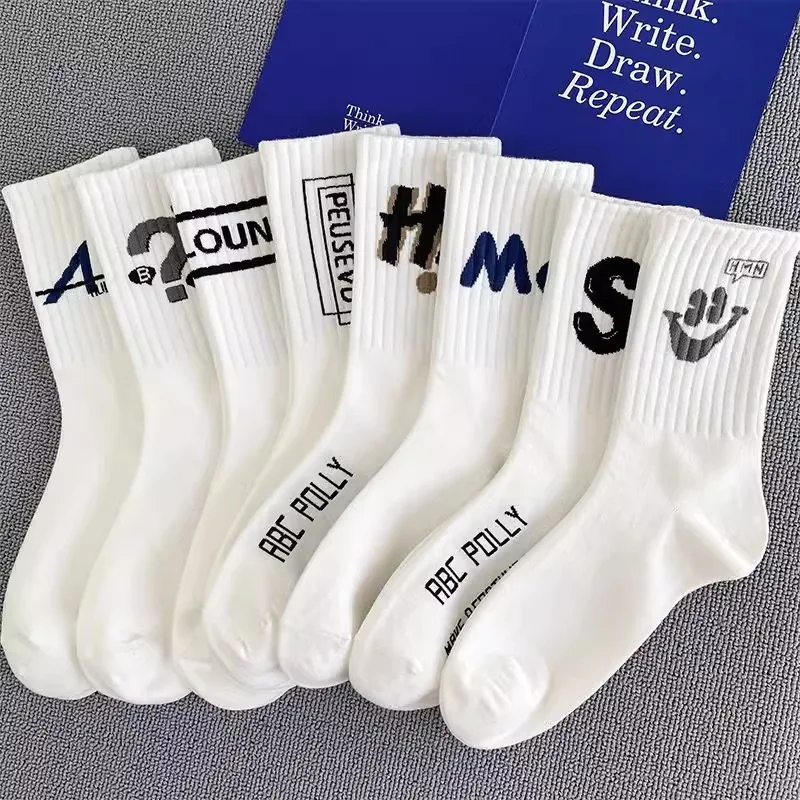 5 pairs of men's autumn and winter mid length socks, breathable and comfortable, white letter simple casual socks