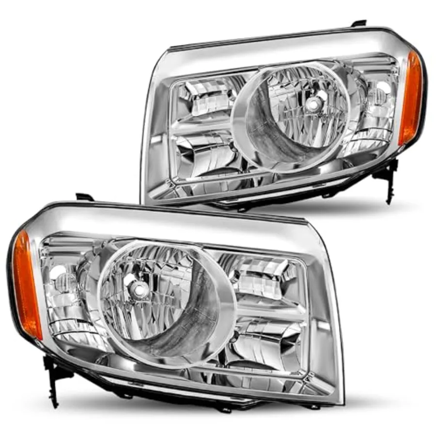 

Headlight Assembly Replacement Pair for 2009 2010 2011 Honda Pilot Factory Halogen Headlamp Chrome Housing with Amber Reflector