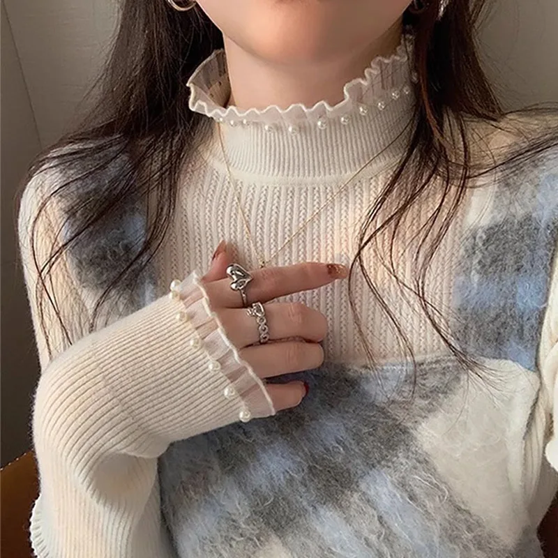 

Knitted Sweater Women Pullovers Long Sleeve Sweaters Knit Sweater Pullover Women Tops Knitwears New Ruffled Collar Beading Q2559