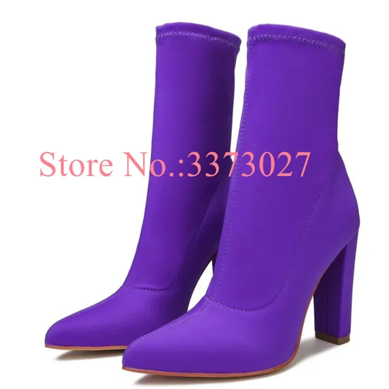 

Purple Color Elastic Chunky Heel Woman Ankle Boots New Pointed Toe Thin Leg Lady Short Boots Fashion Candy Color Banquet Shoes