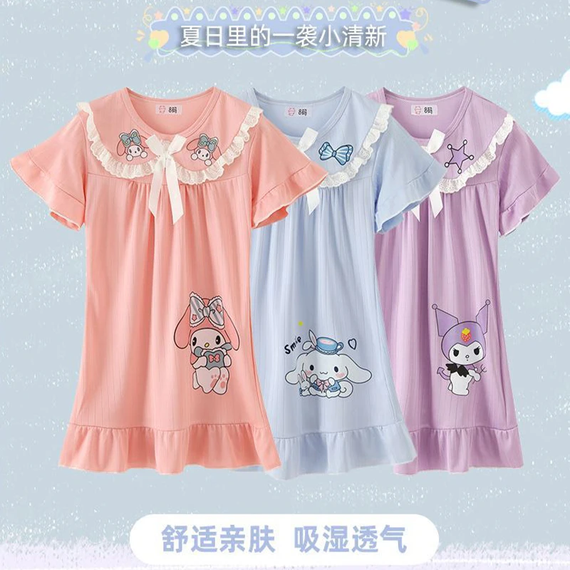 Summer Girl Pajamas Kuromi Cinnamoroll My Melody Cartoon Nightdress Little Girl Cute Princess Style Dress Short Sleeves Pajamas - view 6