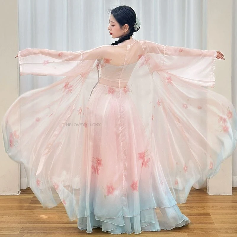 

Chinese Style Peach Blossom Print Powder Blue Gradient full-skirted Tulle Dress Set Classical Dance Costume Fairy Dance Set