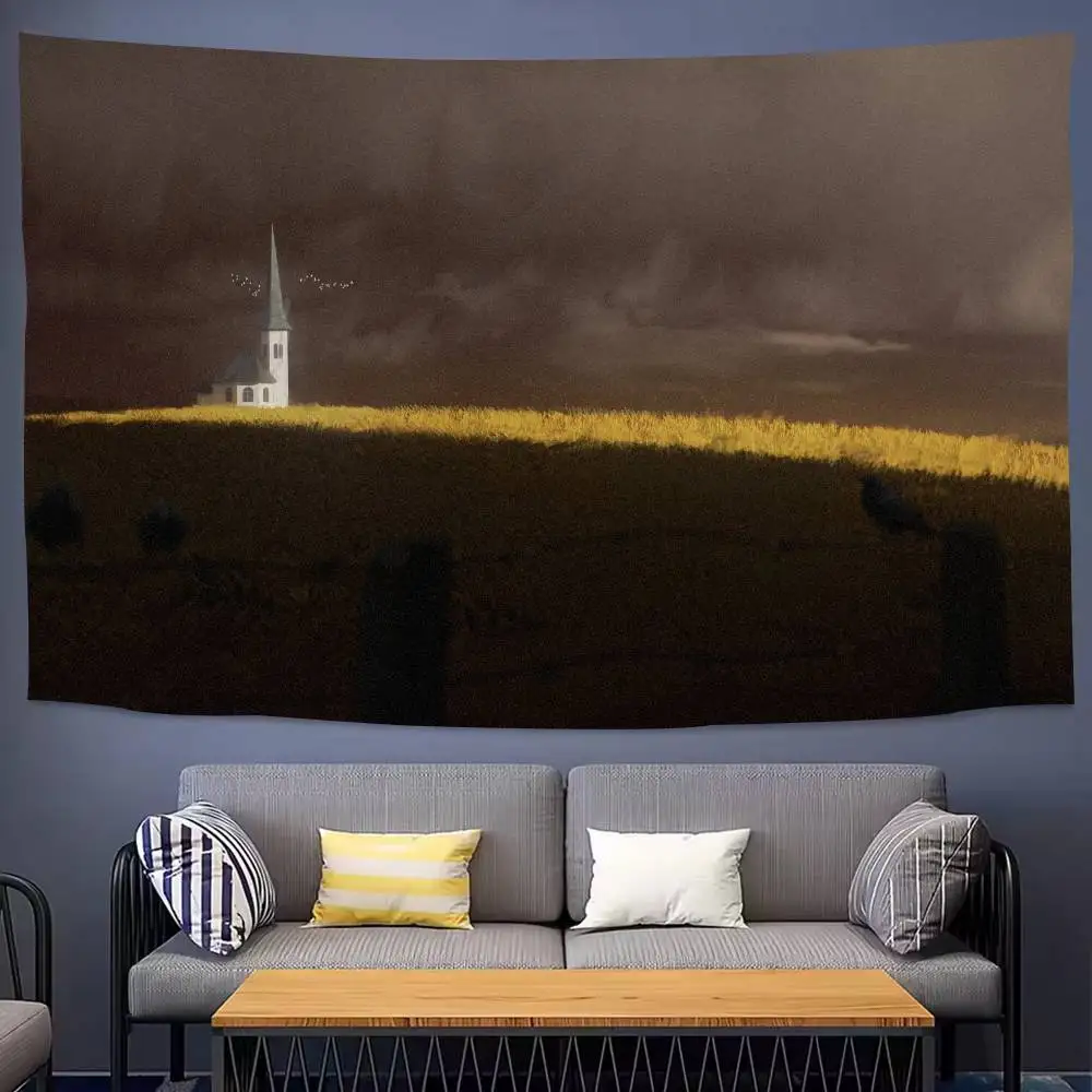 Dark Stormy Countryside Landscape Tapestry White Church On Golden Wheat Field Wall Crow Scenery Wall Art Decor for Home Room