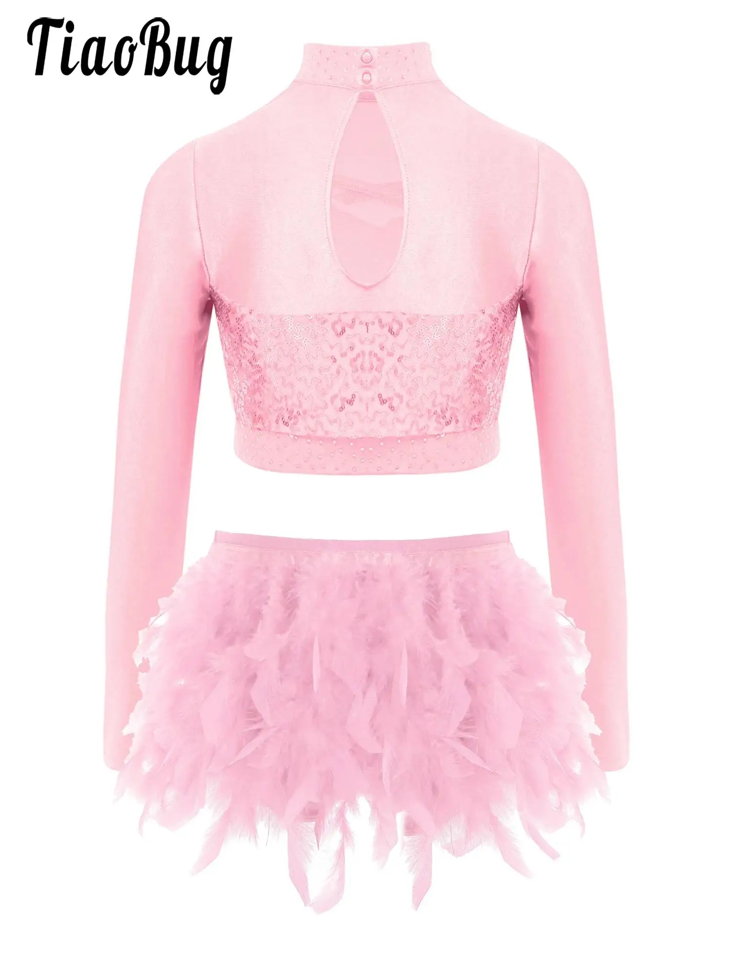 Girls Kids Sequins Figure Ice Skating Outfit Gymnastics Ballet Dance Costume Long Sleeve Sheer Mesh Crop Top+Feather Briefs Set