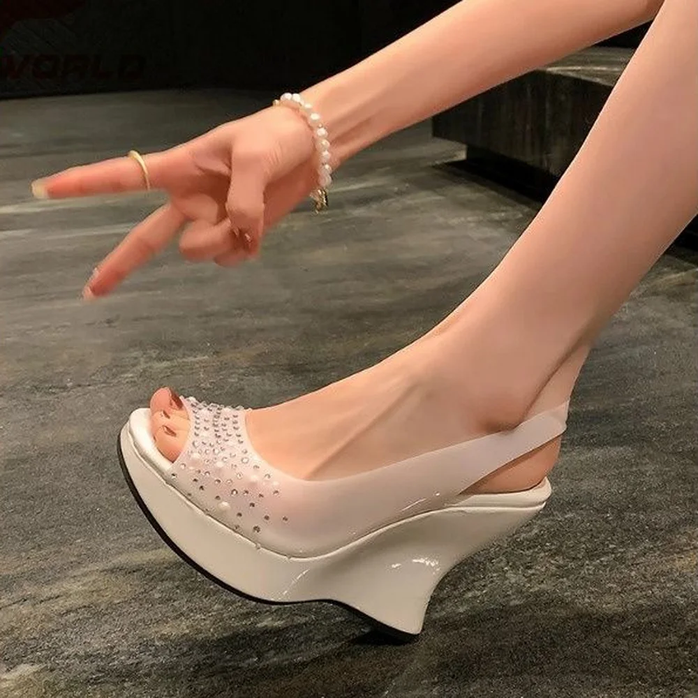 

FHC новые женские босоножки на высоком каблуке, летняя обувь со стразами и отделками, без шнуровки, с открытым носком, с открытой спиной, белые, размер 35-39, Прямая поставка