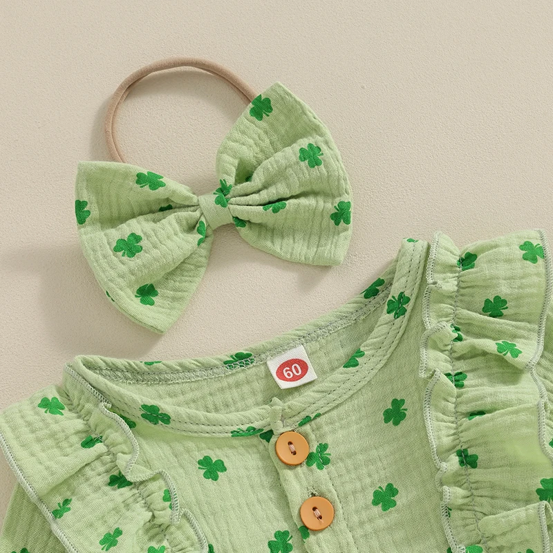 

Infant Girl s St Patrick s Day Set Green Clover Print Bodysuit with Matching Headband for Autumn Wear