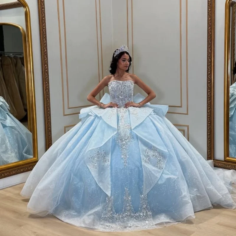 

Customized Shiny Water blue Quinceanera Dresses Off the Shoulder sequin applique Tull Long tail Bow Vestido 15 Quinceanera