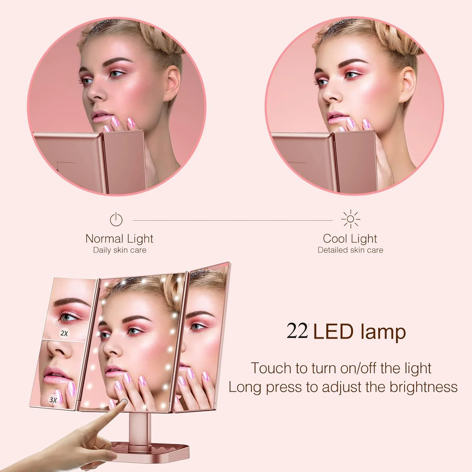 Espejo de tocador con luces para mujer, espejo de maquillaje iluminado con aumento de 2X, 3X, 10X, Control táctil, triple pliegue