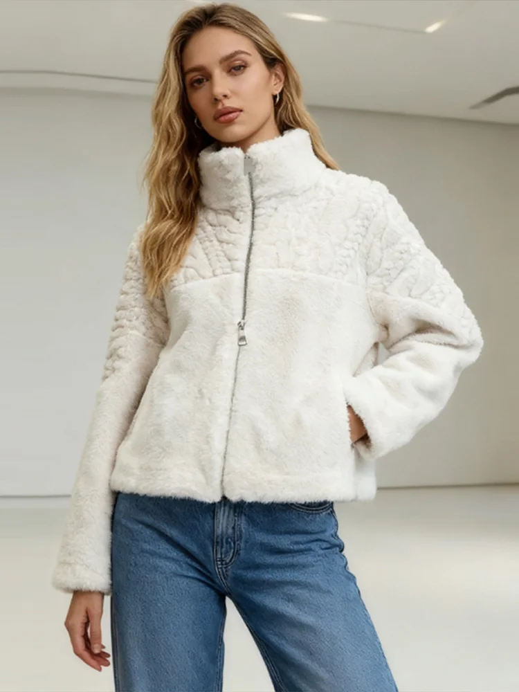 Abrigo de piel sintética para mujer, chaqueta femenina con patrón de manga larga y cremallera con cuello levantado, abrigos cortos holgados e esponjosos informales para otoño