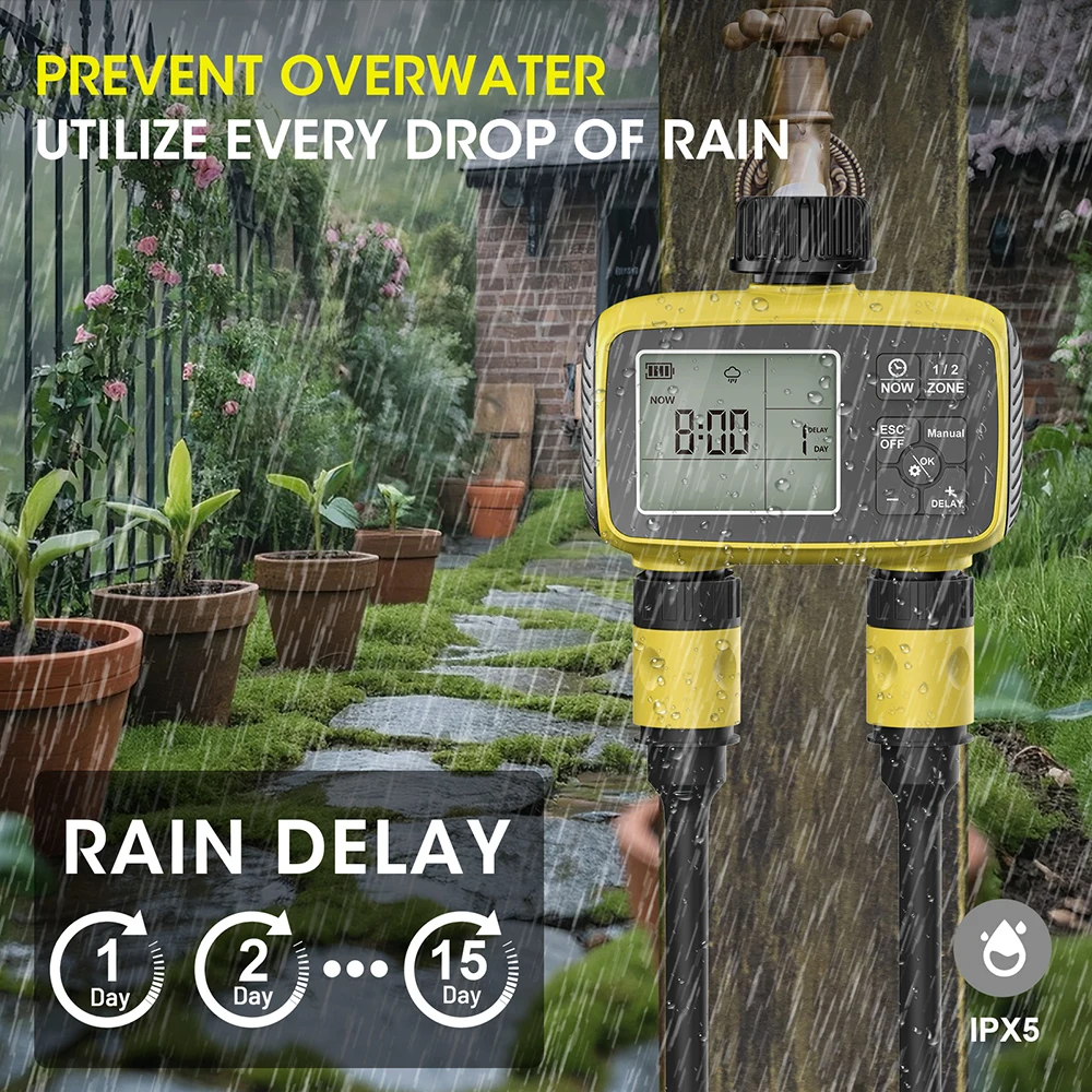 2 Outlets Digital Irrigation Timer Automatic Garden Flower Watering Timer Irrigation Control System Timed Sprinkler for Outdoor