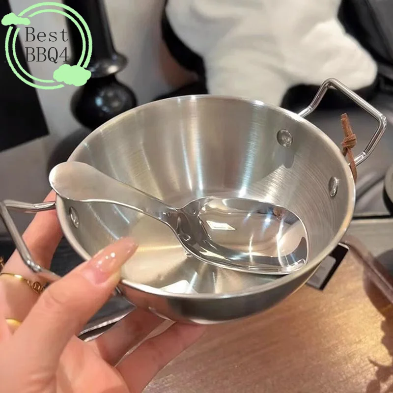 (BBQ4)1Pc Korean Style Cuisine Bowl Durable Stainless Steel Rice Wine Bowls Household Double Ear Snack Plate Instant Noodle Bowl
