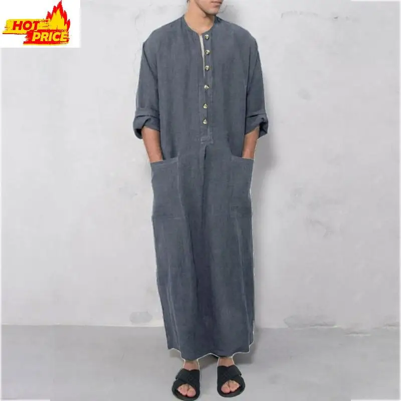 Abito da caftano musulmano con colletto alla coreana da uomo Thobe musulmano per w/tasca solida coagulo musulmano