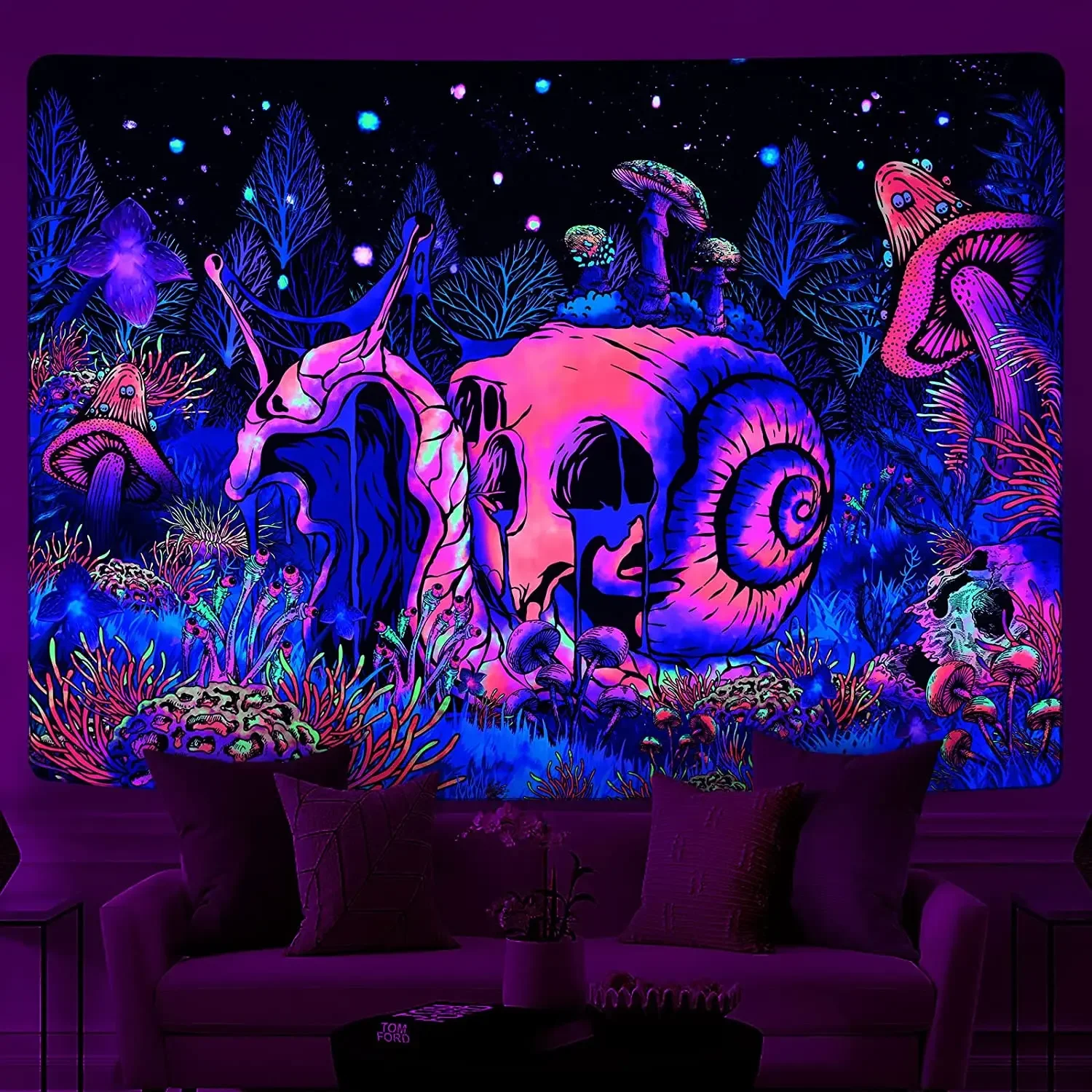 Blacklight Galaxy Moon Tapestry Trippy Plant Floral UV Reactive Neon Mountain Forest Psychedelic Wall Tapestrie for Room Decor