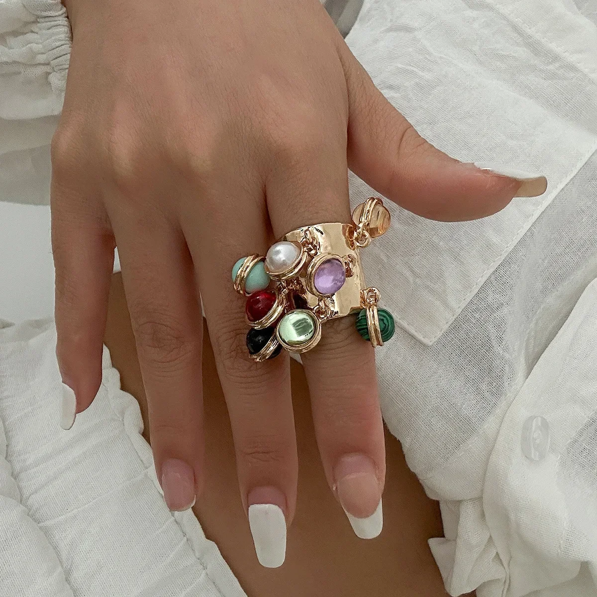 Vintage Natural Stone Multi-pendant Tassels Pendant Open Ring Women\'s Beaded Heart Ring Wedding Party Jewelry
