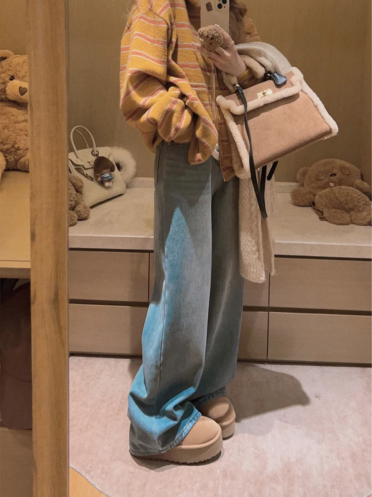 

Женские джинсы Yukiss Retro Fce с высокой талией и широкими штанинами, свободные, стройнящие, зимние, в корейском стиле, прямого кроя, из денима