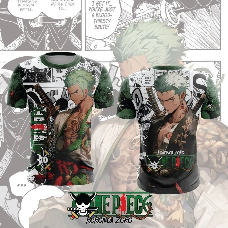 

Футболка One Piece Roronoa Zoro с коротким рукавом, двусторонний колаж с манга-панелями, стильный дизайн с тремя мечами, для фанатов аниме, повседневная уличная одежда