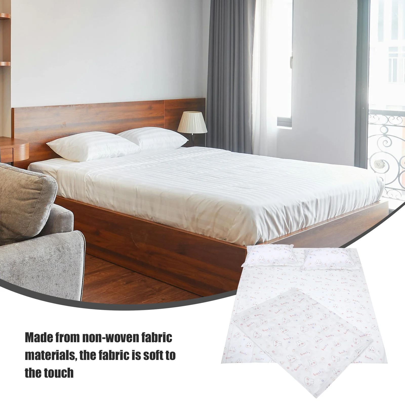 

1 set Disposable Travel Bedding Set Lightweight Hotel Quilt Cover Printed Pillow Case Double Size Soft Fabric Train Sheets