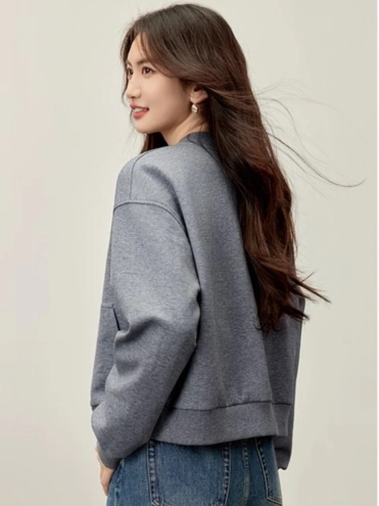 SENTUBILA Women's Jackets 2025 Autumn Casual Knit Cardigan Baseball Jacket Ribbed Collar Loose Long Sleeve Short Coat 153WE2051