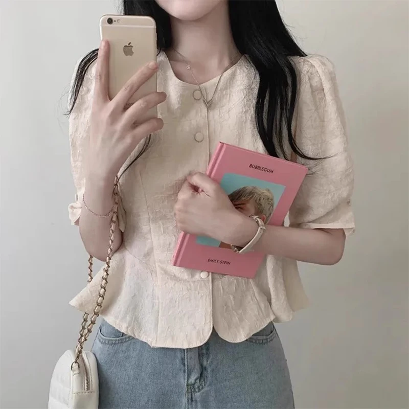 

Ele Textured Bubble Sve irt Women's Summer New Sle e ort Sve Top Cotton 00% round Ne Pure Color