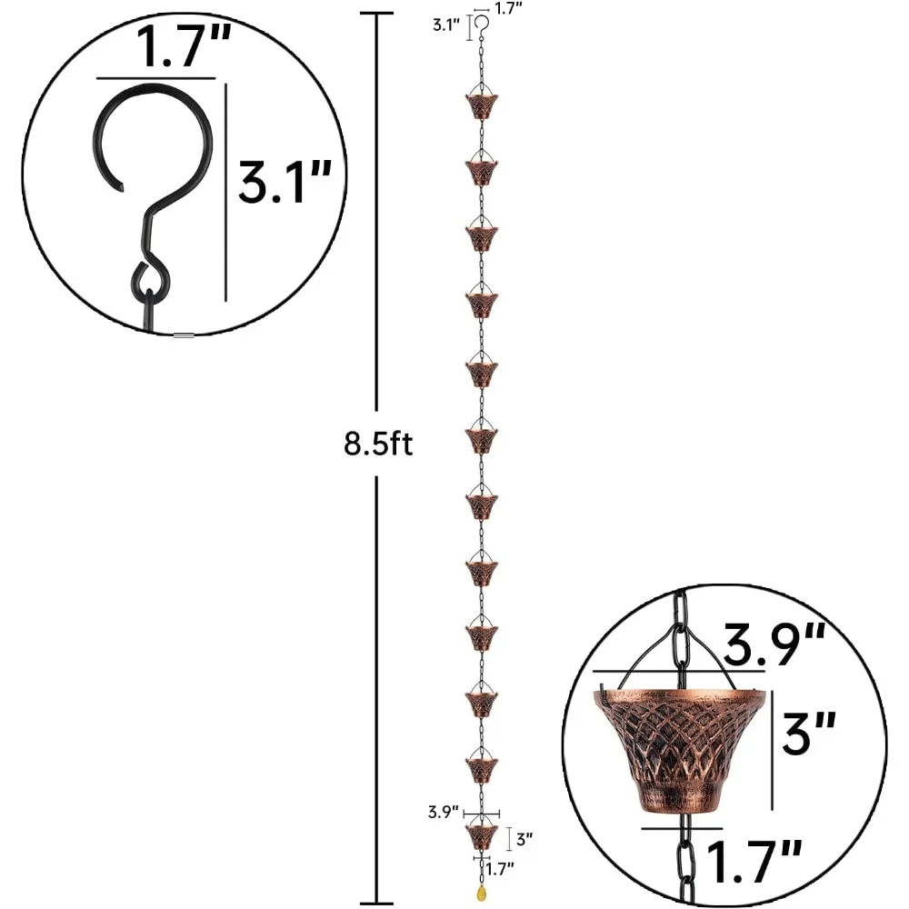 Rain Chain for Drainage Ditch, Downspout Splitter, Outdoor Metal Copper Grid Rainwater Extender, 12 Cups, 8.5 Feet