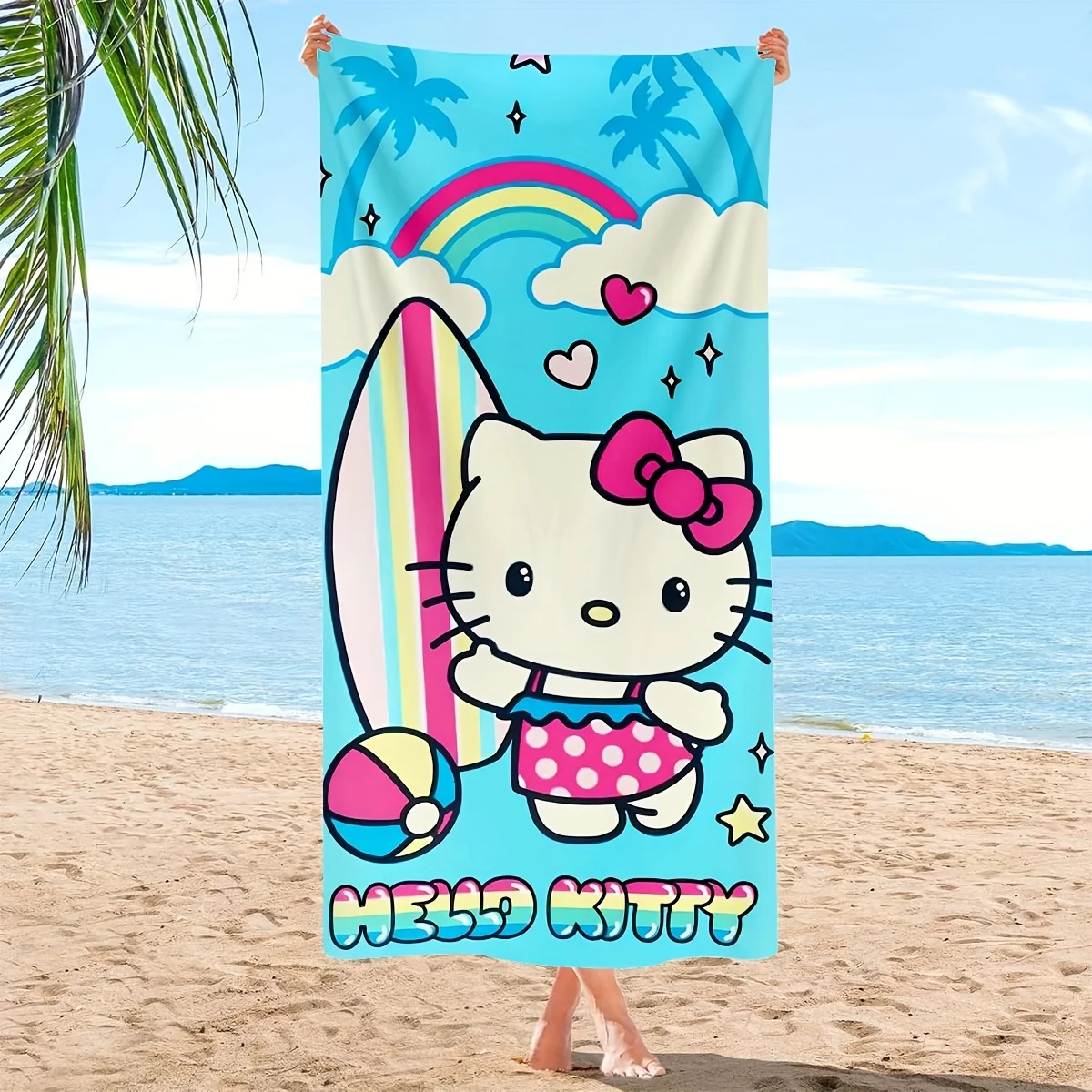1pc Creative Surfboard and Hello Kitty Printed Beach Towel,Soft Absorbent Bath Towel,Hiking,Camping Essentials,Beach Accessories