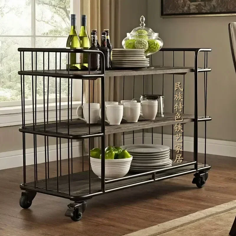 American retro solid wood wrought iron mobile dining car kitchen rack multi-layer storage rack