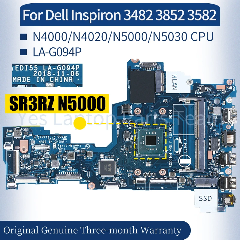 LA-G094P For Dell Inspiron 3482 3852 3582 Laptop Mainboard 06P8X8 0PNJPX N4000 N4020 N5000 N5030 Notebook Motherboard 100％ Test