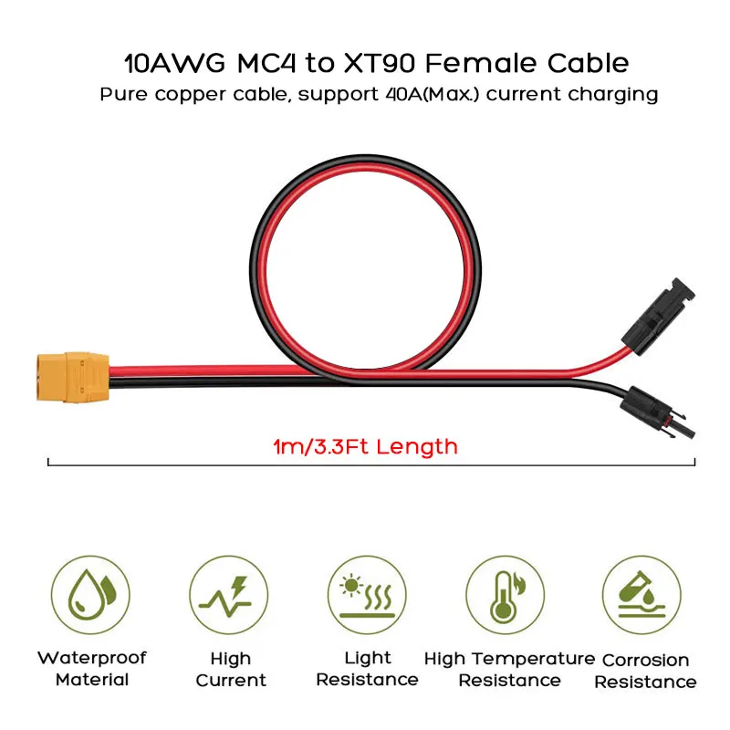 10AWG 40A(Max.) Solar Panel to XT90 Female Extension Cable for FPV, Drone, ESC, Remote Control Car Boat, E-bike, Power Stations.