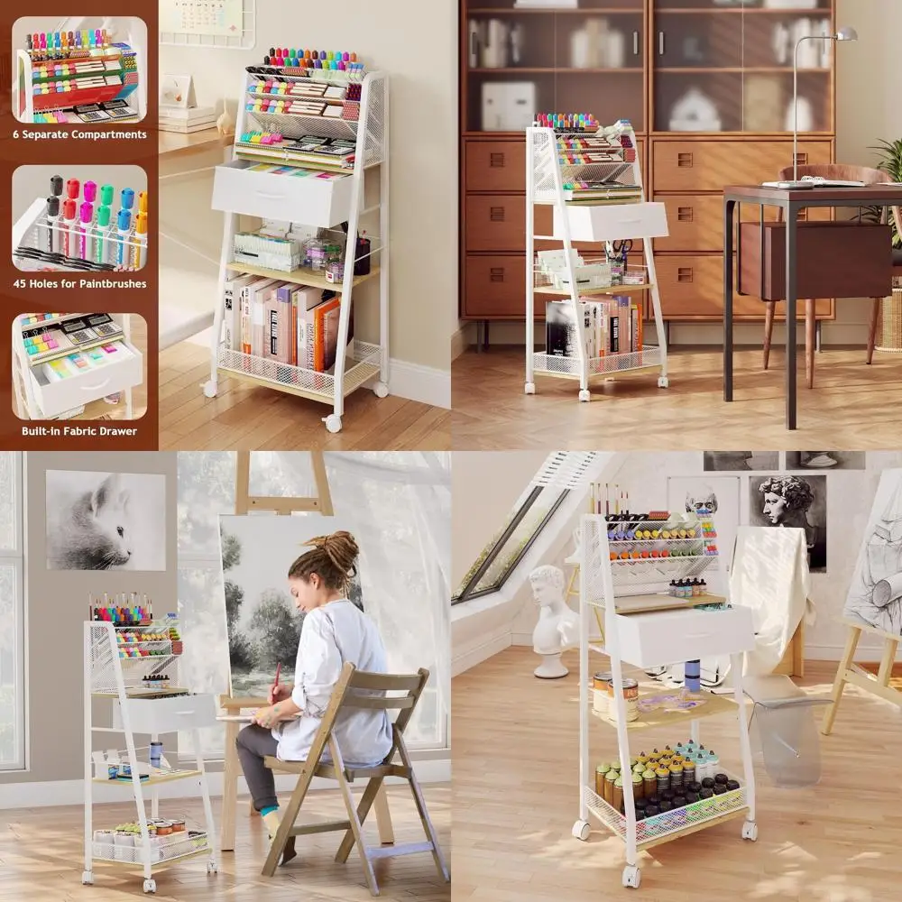 

3-Tier Metal Rolling Cart - Storage Organizer for Art, Home, or Office Supplies (Maple)