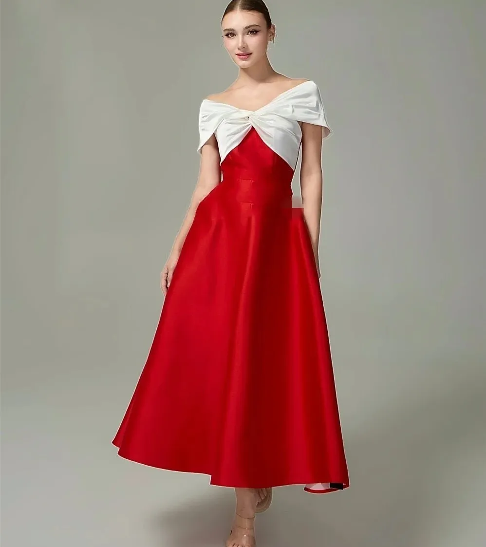 

Elegant Red Evening Dresses Pleat Draped A-line Off-the-shoulder Satin Tea length Formal Prom Party Gowns Robe De Soriee