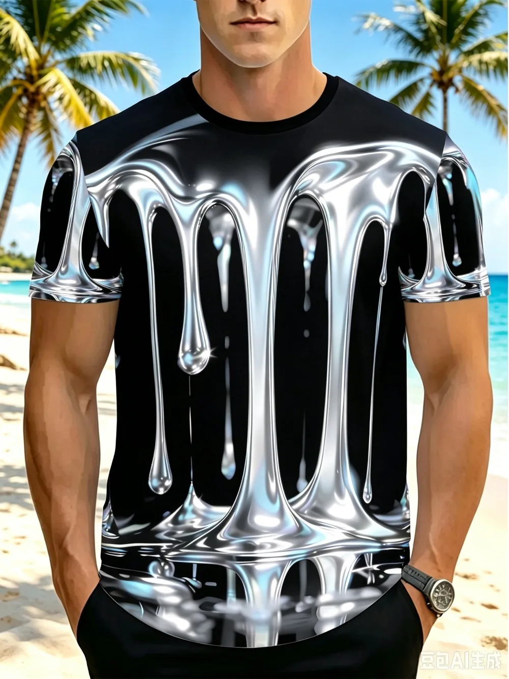 Bunte flüssige Tropfen fallen in 3D-gedrucktem Herren-T-Shirt, atmungsaktiv, für Freizeit und schnelltrocknend, Outdoor-Streetwear-Stil, Sport-Oberteil – Detail 6