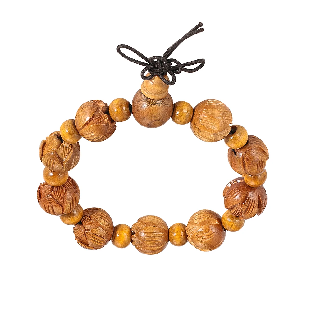 Natural Peach Wood Carved Lotus Buddha Beads Bracelet for Women and Men Ethnic Style Elastic Bracelets Protection Jewelry Gifts