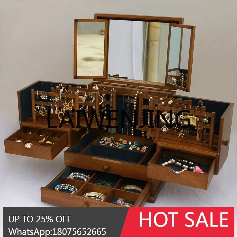 Creative Layered Retro Jewelry Box Solid Wood European Princess Ornament Ring Earring Storage Box Large