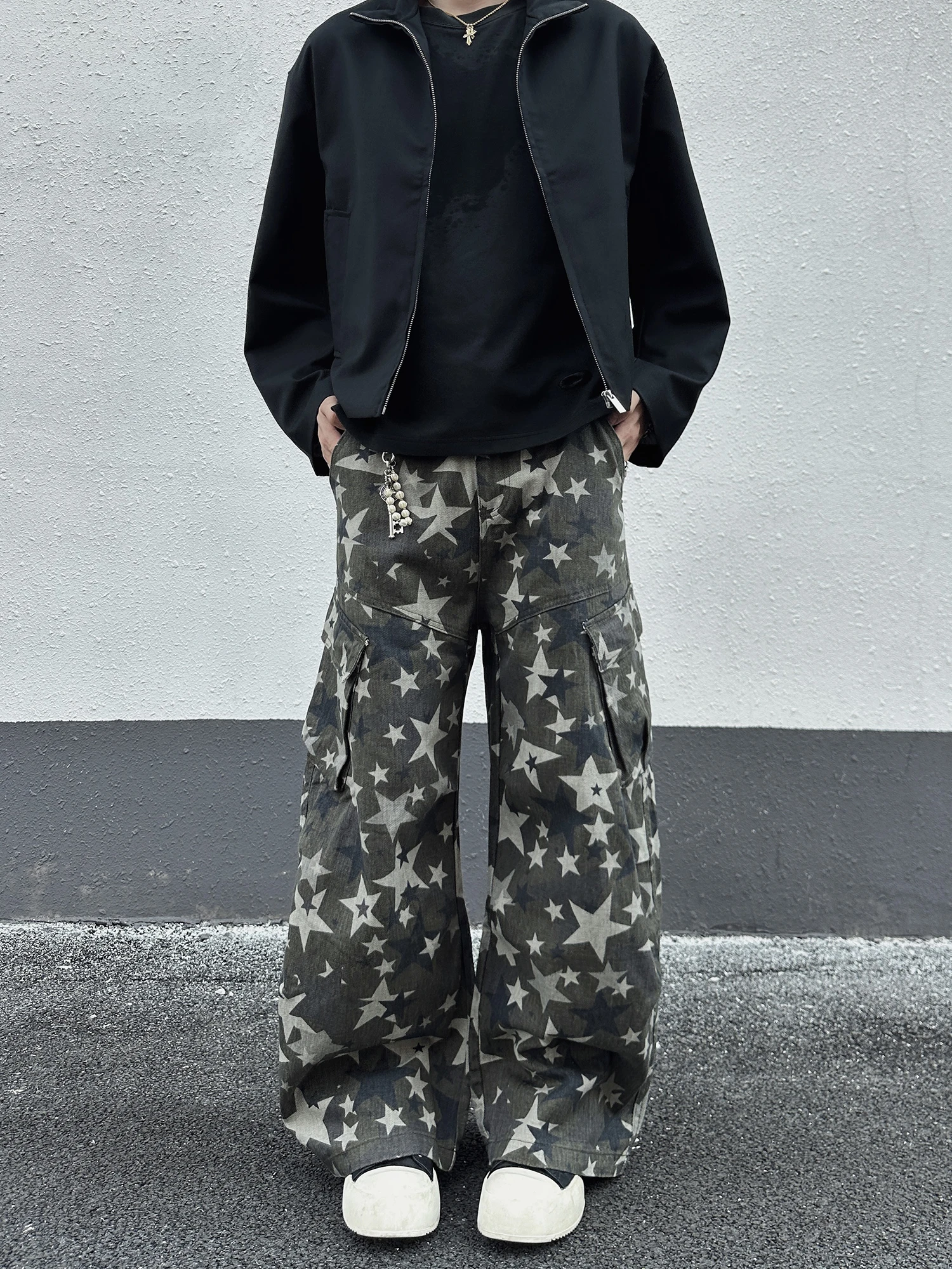 

Retro American Camouflage Workwear Jeans Loose Wide Leg Casual Trousers for Men And Women Star Pattern Fashionable Everyday P...