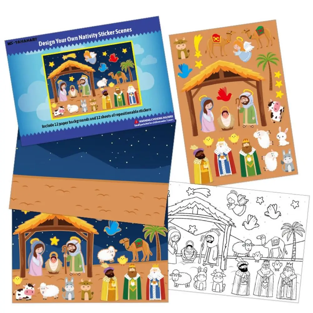 Education Toy 24 Sheets Nativity Stickers Nativity DIY Puzzle Scenes Stickers Puzzle Crafts DIY Puzzle Games Sticker Kids Toys