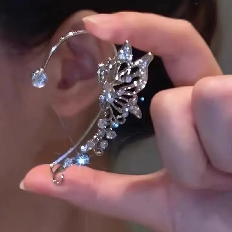 Pendientes de Clip de oreja de mariposa de elfo de cristal brillante a la moda sin Piercing Clip de oreja elegante