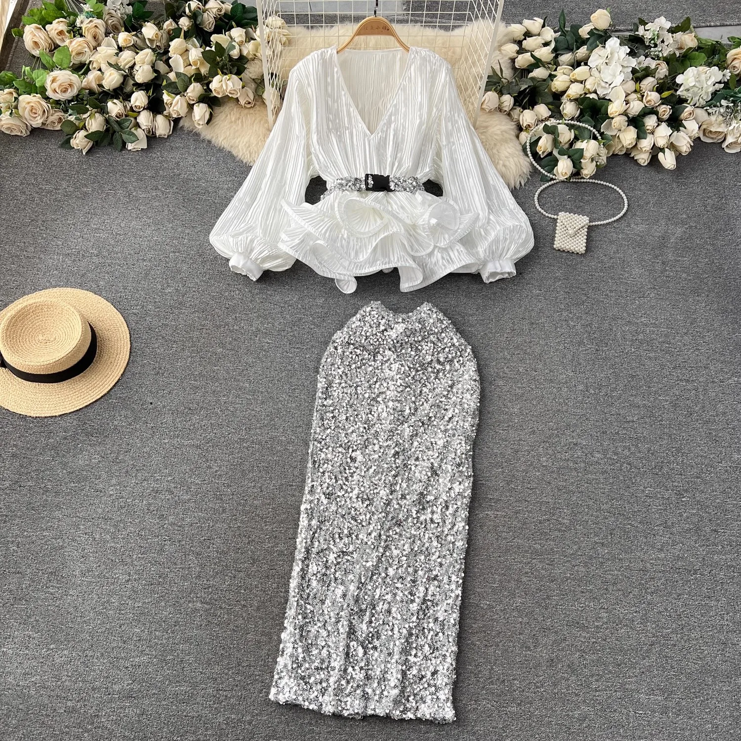 Luxury Fashion Spring Party Two Piece Set For Women V Neck Lantern Sleeve Ruffles Belt Tops + High Waist Sequin Split Skirt Suit