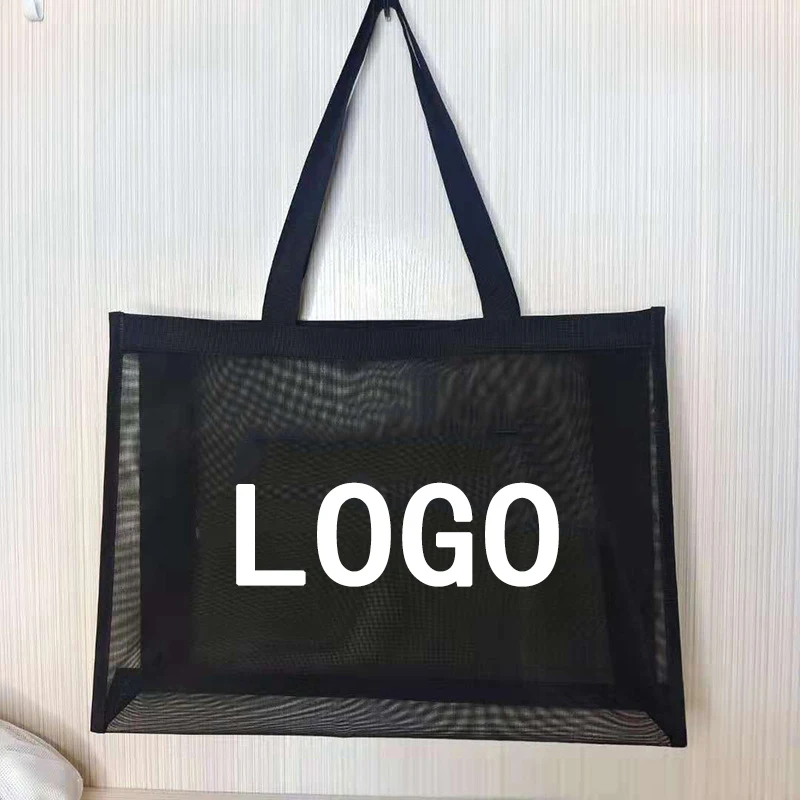 Bolsa de compras de malla de nailon transparente con logotipo personalizado, bolso de mano de un hombro, gran capacidad, transpirable, playa, viaje