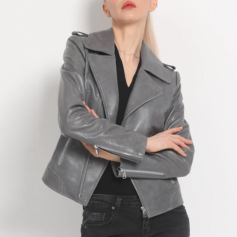 100% chaquetas cortas de cuero genuino para mujer, moda de otoño 2025, Moto y motociclista con cremallera, chaqueta informal de piel de oveja auténtica para mujer, abrigos