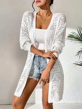 Women White Crochet Cardigan Long Sleeve Openwork Knit Sweater Summer Beach Cover Up Boho Hollow Out Kimono Duster Coat 6