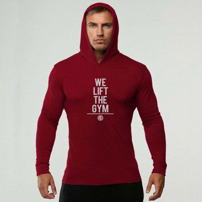 Autumn Mens Fitness Hoodie Slim Fit Long Sleeve Sport Clothing Gym Basketball Letter Breathable Hooded Bodybuilding Cotton Shirt