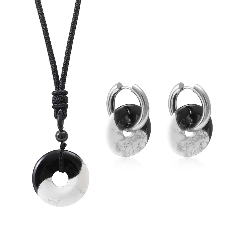 

Fashion High Quality Natural Stone Tai Chi Yin Yang Circle Donut Pendant Necklace Earrings Set Men's Women's Couple Jewelry Gift