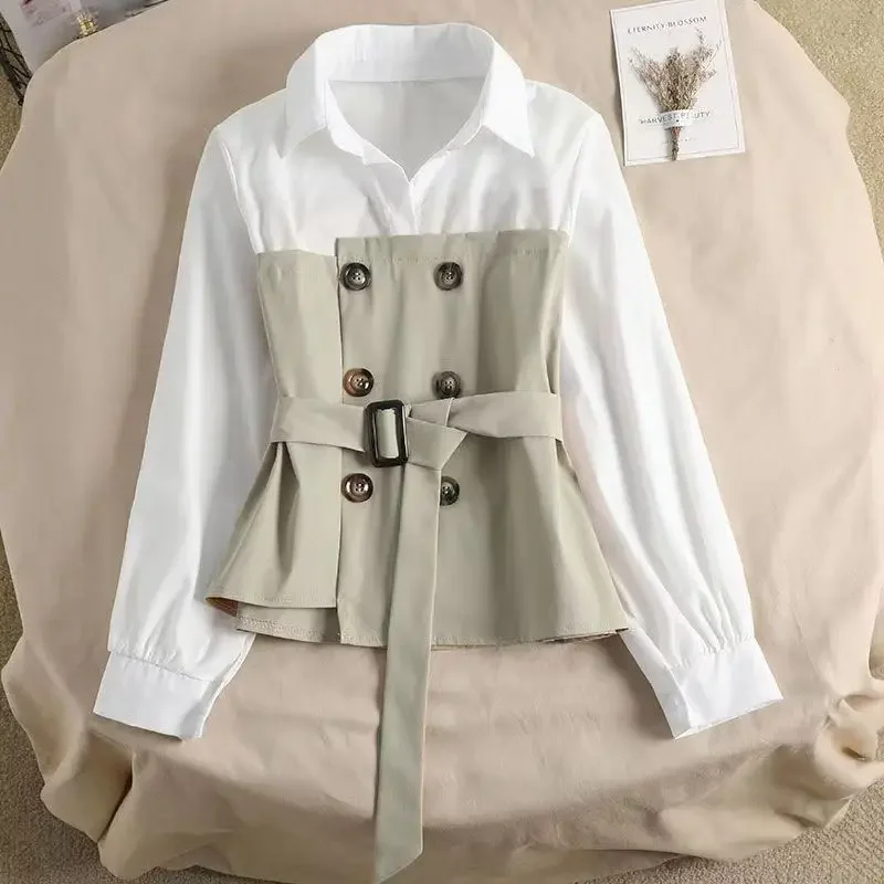 Women's Clothing Solid Color Spliced Shirt Commute Polo-Neck Button Spring Autumn Fashion Irregular Hem Waist Drawstring Blouse