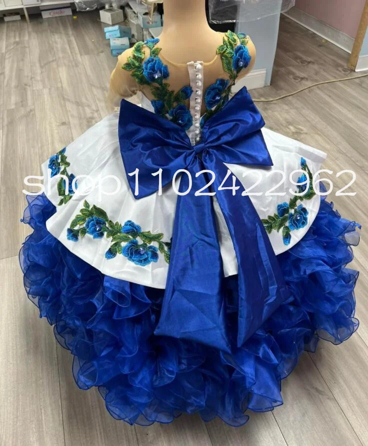 Blauw Wit Mexicaanse Charro Mini Quinceanera Jurken Met Strik Ruches Bloemen Applique Kleine Prinses Bloem Meisjes Jurk