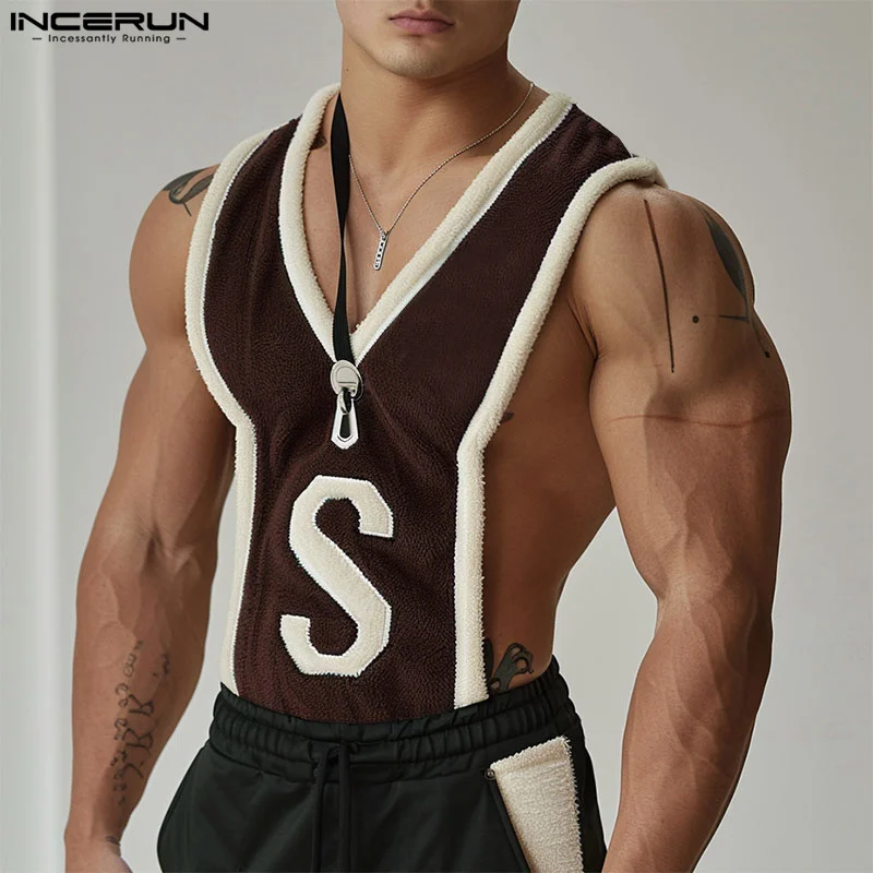 INCERUN Tops 2024 Koreański styl Seksowna moda męska S Letter Pattern Splicing Striped Vests Summer Casual Sleeveless Tank Tops S-5XL