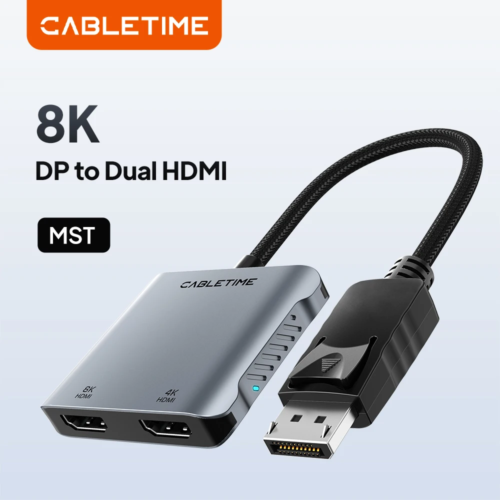 CABLETIME Dual 8K 4K 60Hz HDMI Hub 2 in 1 DP to MST  Converter DP Male To HDMI Female Adapter for Display Dock For Mac Laptop