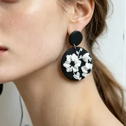 Unique 3D Sculpted Flower Polymer Clay Earrings Monochrome Geometric Round Floral Dangle Artsy Handmade Beautiful Gift for Women